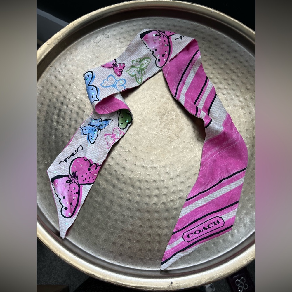 HTF Y2K Coach Bundle | 3 Silk Scarves | Signature C Stripe Skinny Ponytail Scarf - Picture 2 of 9